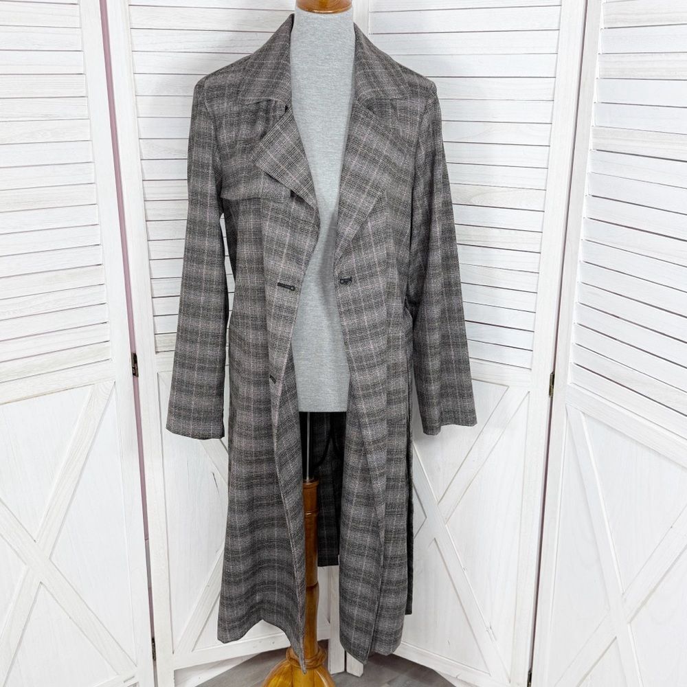 Jennifer Lopez Trench Coat Women Large Grey Plaid Double Breasted Lightweight‎